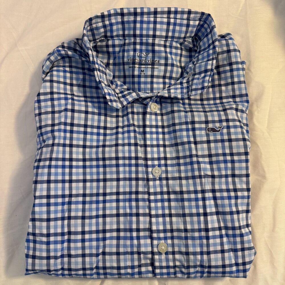Boys Medium (12-14) Vineyard Vines Performance Long Sleeve Blue Plaid Button Up